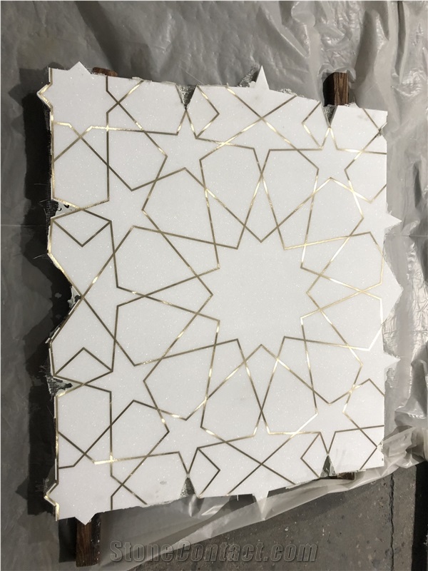 Thassos White Marble Brass Inlay Floor Medallions For Villa