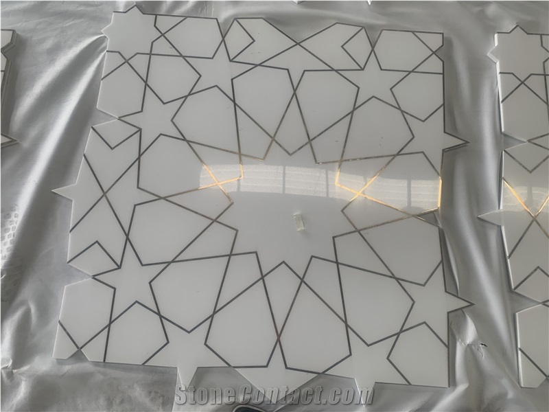 Thassos White Marble Brass Inlay Floor Medallions For Villa