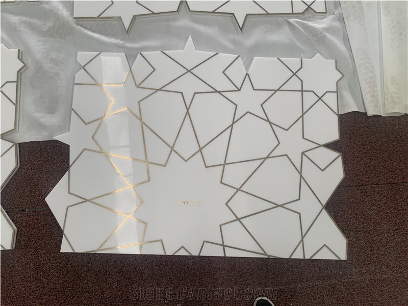 Thassos White Marble Brass Inlay Floor Medallions For Villa