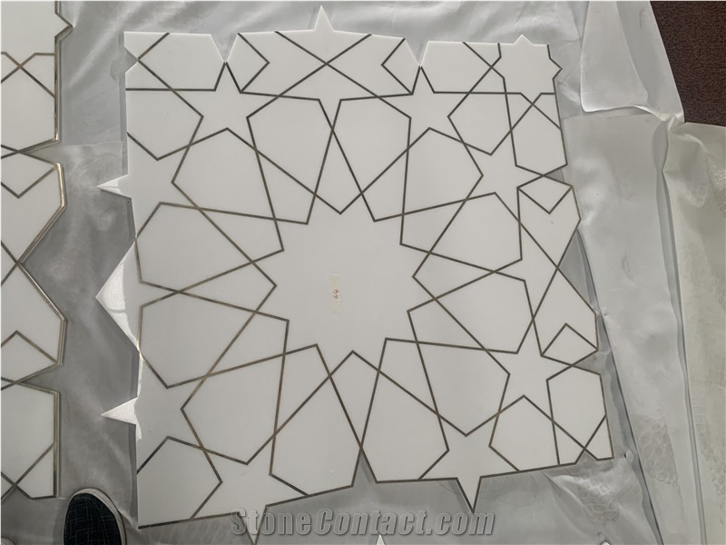 Thassos White Marble Brass Inlay Floor Medallions For Villa