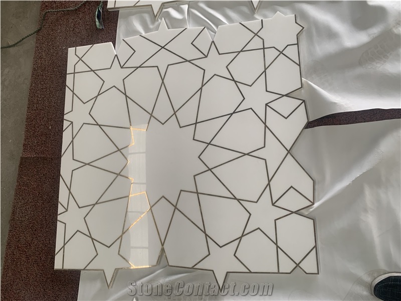 Thassos White Marble Brass Inlay Floor Medallions For Villa