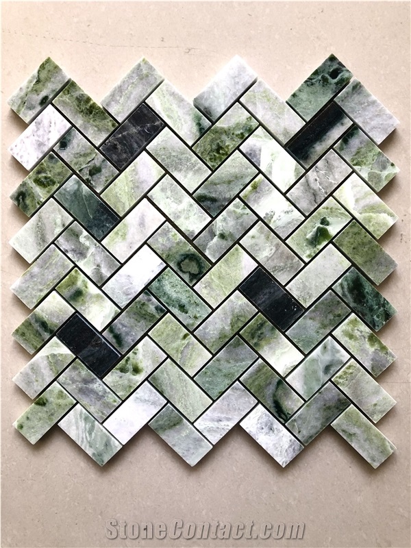 Herringbone Shape Ice Jade Green Mosaic Tiles