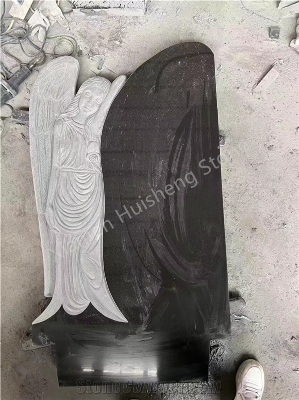 Black Granite Angel Carved Gravestone