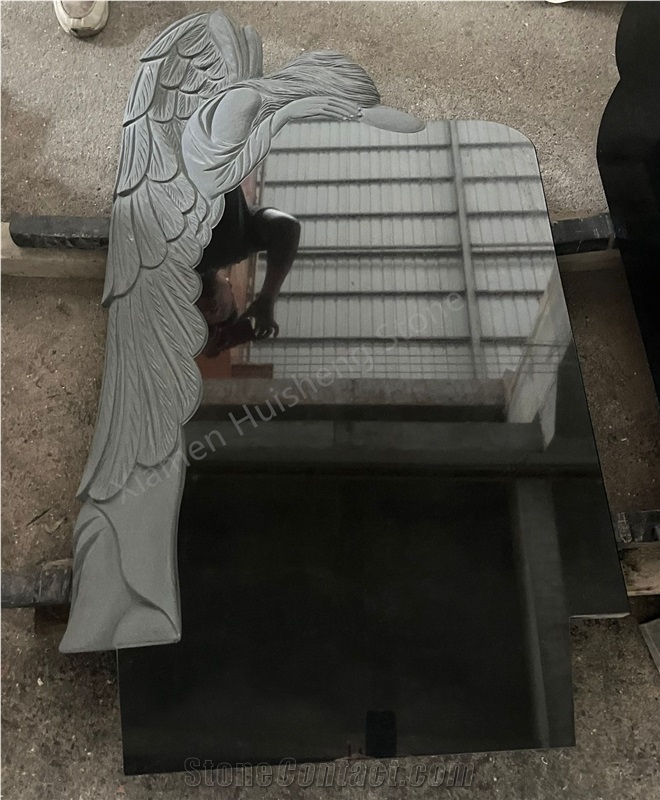 Black Granite Angel Carved Gravestone