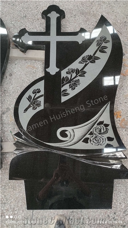 Black Granite Cross Engraved Headstone