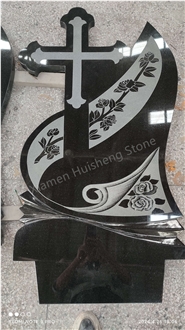 Black Granite Cross Engraved Headstone