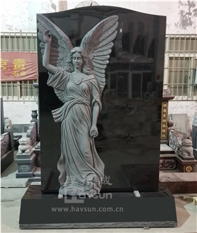 Indian Black Granite Carved Angel Pointing To Sky Gravestone