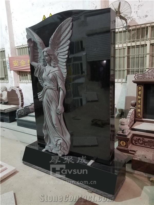 Indian Black Granite Carved Angel Pointing To Sky Monument