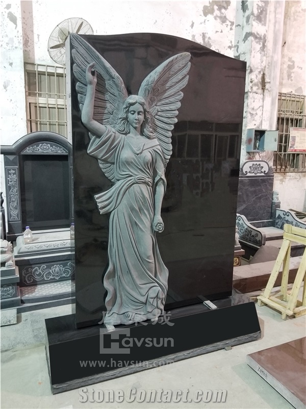 Indian Black Granite Carved Angel Pointing To Sky Monument