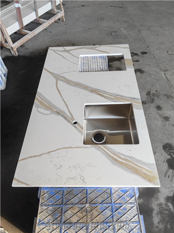 Sink Cutout Custom Calacatta 5072 Quartz Kitchen Countertops from China