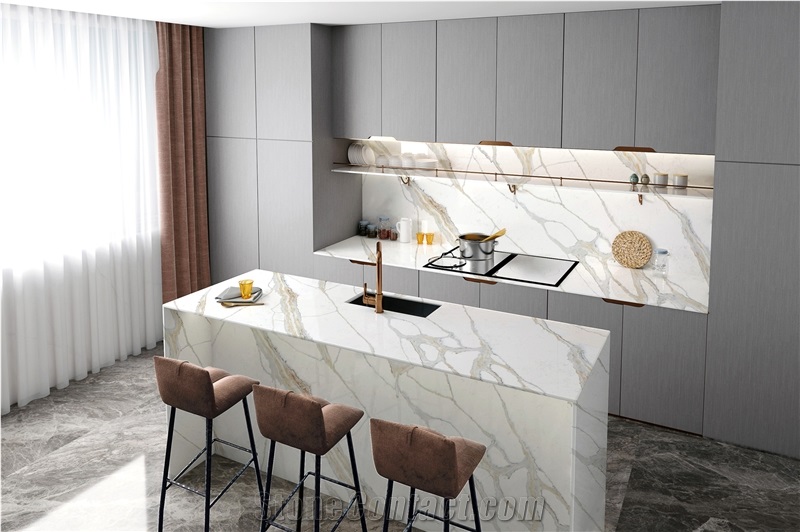 Sink Cutout Custom Calacatta 5072 Quartz Kitchen Countertops from China