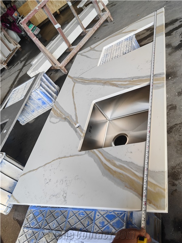 Sink Cutout Custom Calacatta 5072 Quartz Kitchen Countertops from China