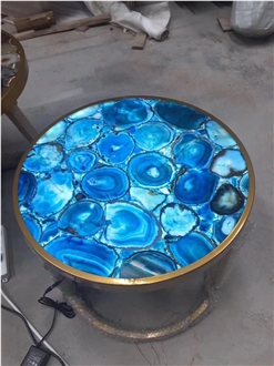 Blue Agate Gemstone Backlit Round Table Tops