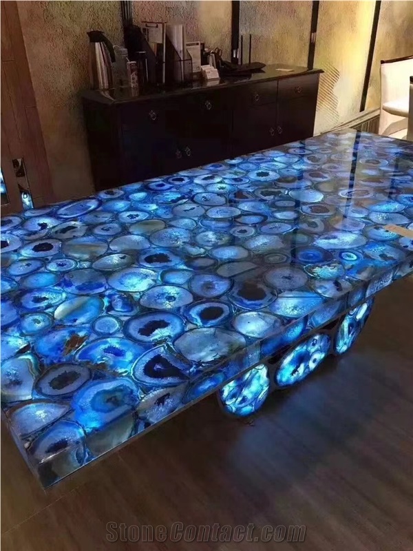 Blue Agate Gemstone Backlit Round Table Tops