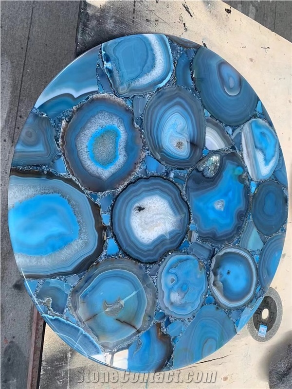 Blue Agate Gemstone Backlit Round Table Tops