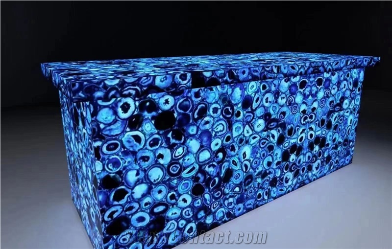 Blue Agate Gemstone Backlit Round Table Tops