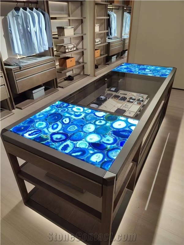Blue Agate Gemstone Backlit Round Table Tops