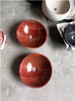 Iran Red Travertine Round Wash Wash Basinsfor Bathroom Decor