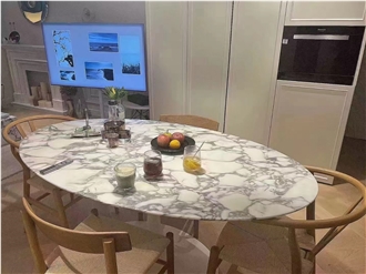 Oval Design Arabescato Marble Dining Table For 4 Seaters