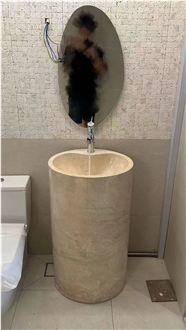 Solid Marble Crema Marfil Pedestal Round Basin With Faucet