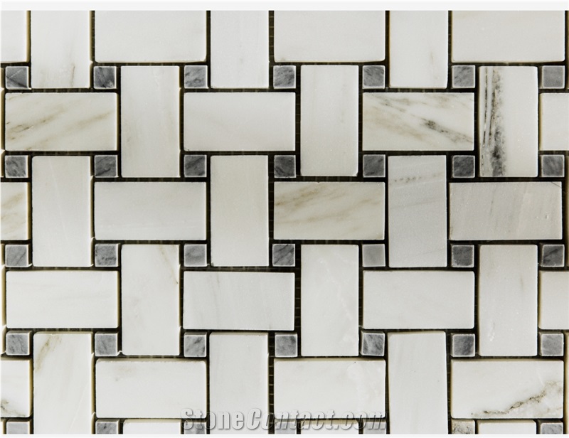 Alabama White Marble Basketweave With Grey Dot Mosaic Iles