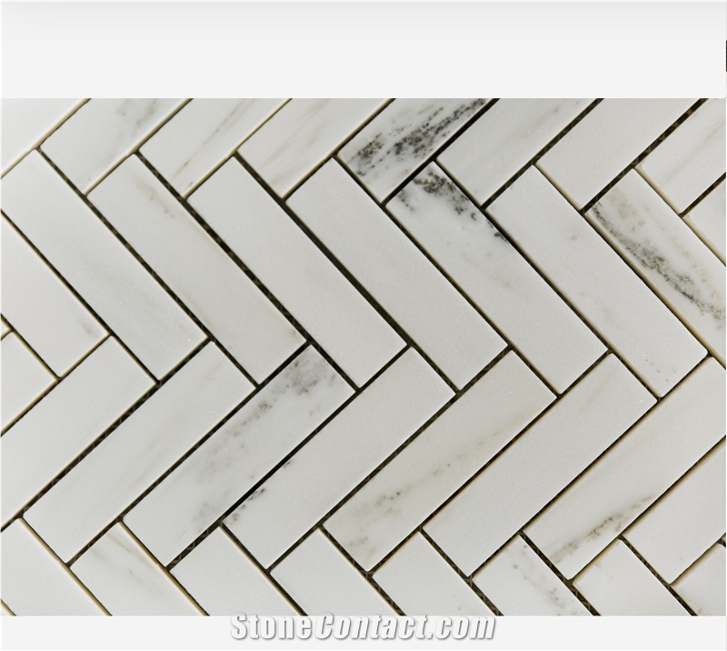 Alabama White Marble Herringbone Mosaic Tiles