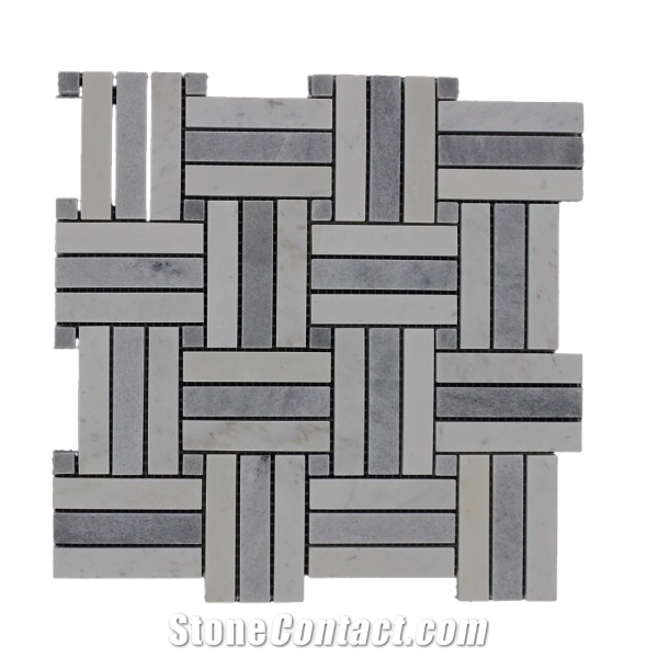 Basket Weave Milky White & Stormy Grey Mosaic Tiles