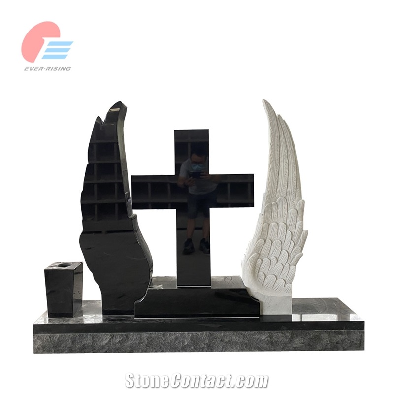 Black Granite Cross Tombstone With White Marble Carved Wings