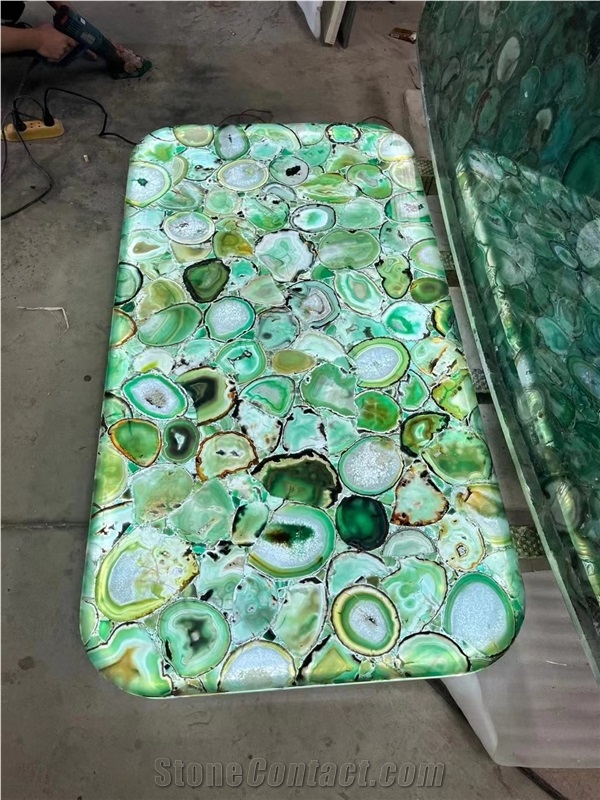 Green Agate Round Table Tops Semiprecious Stone Table Tops