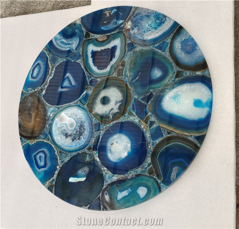 Natural Polished Blue Agate Semiprecious Stone Solid Surface Table Tops