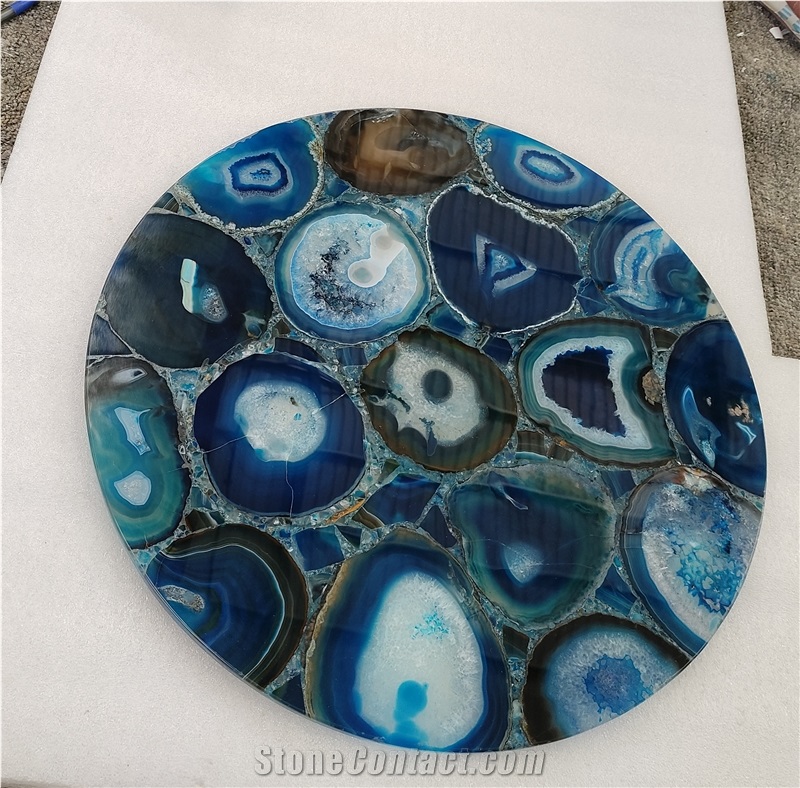 Natural Polished Blue Agate Semiprecious Stone Solid Surface Table Tops
