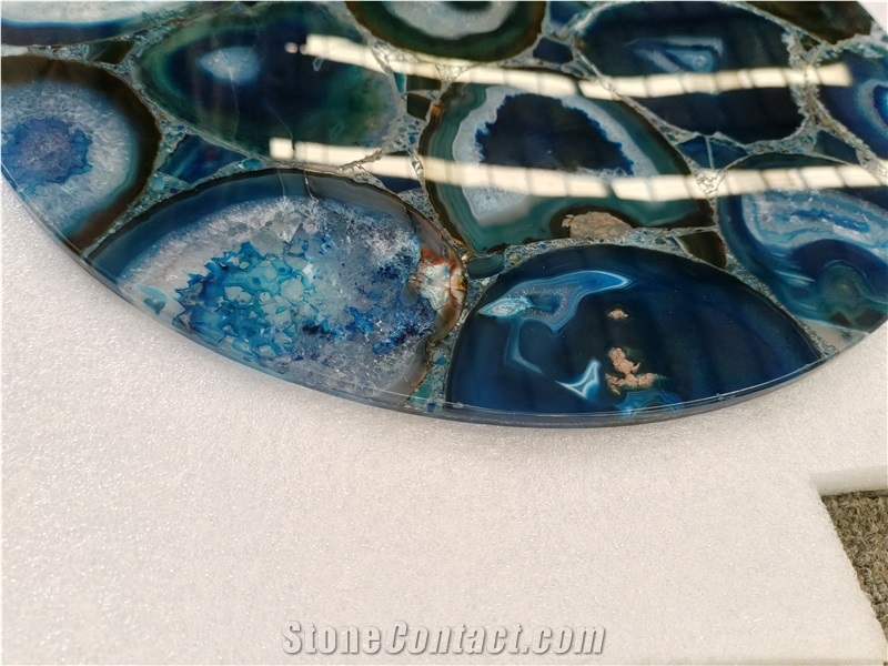 Natural Polished Blue Agate Semiprecious Stone Solid Surface Table Tops