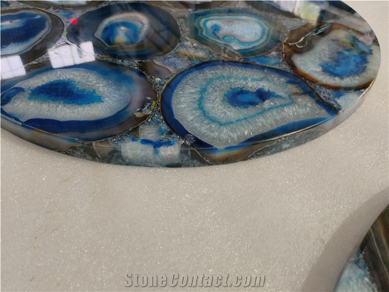 Natural Polished Blue Agate Semiprecious Stone Solid Surface Table Tops