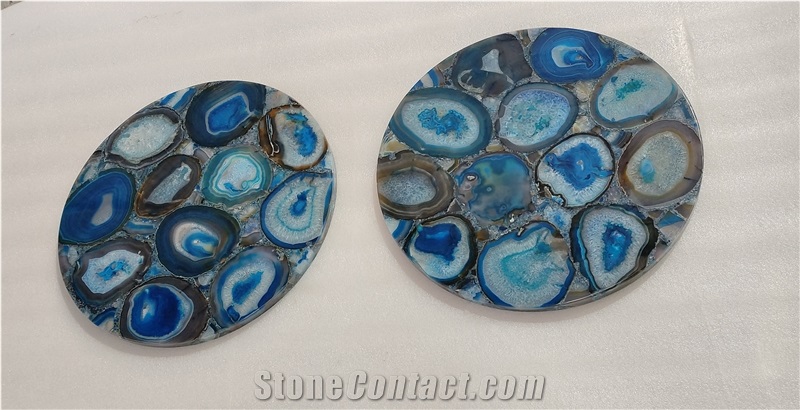 Natural Polished Blue Agate Semiprecious Stone Solid Surface Table Tops