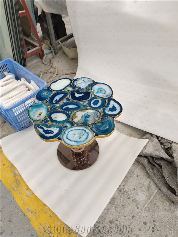 Natural Polished Blue Agate Semiprecious Stone Solid Surface Table Tops