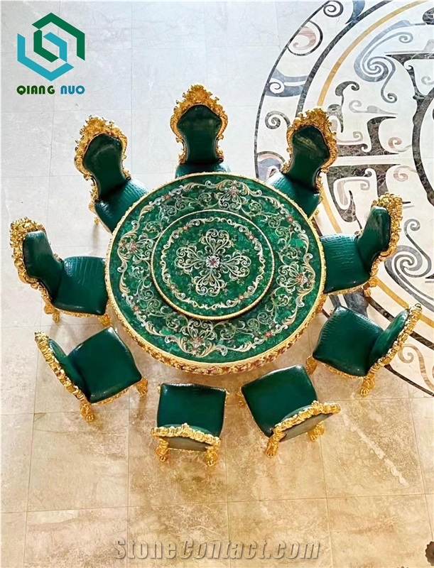 Green Malachite Semiprecious Stone Round Table Tops