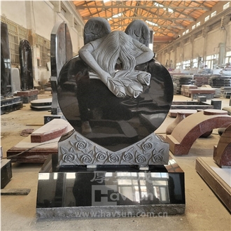 Black Granite Weeping Angel With Wings On Heart Monument
