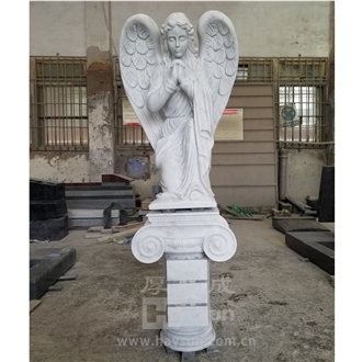 Carrara White Marble Angel With Column Garden Sculpture