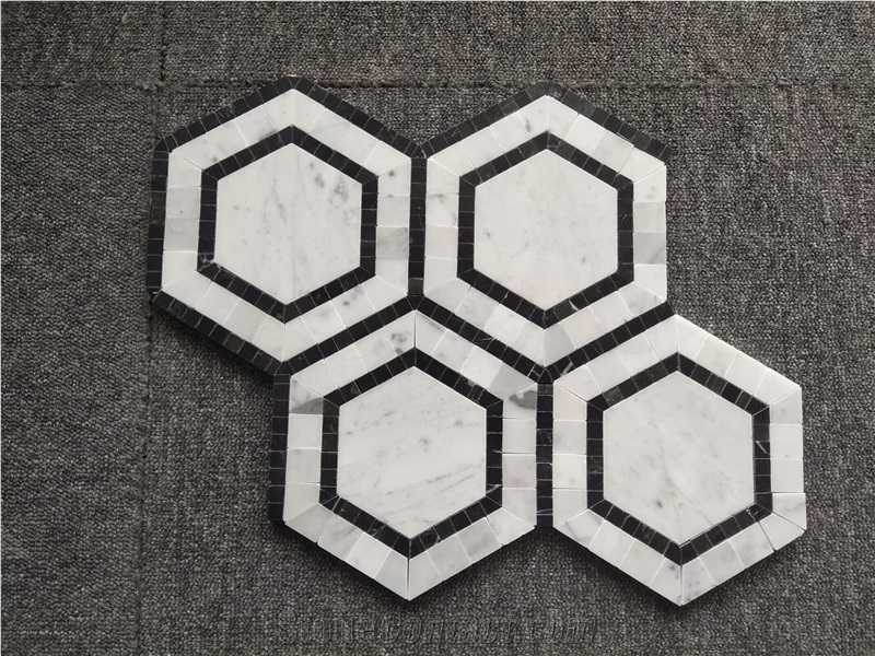 Hexagon  Backsplash Marble Mosaic Tiles With Nero Strips