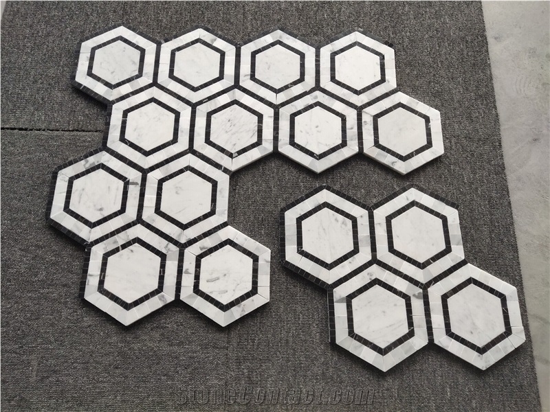Hexagon  Backsplash Marble Mosaic Tiles With Nero Strips