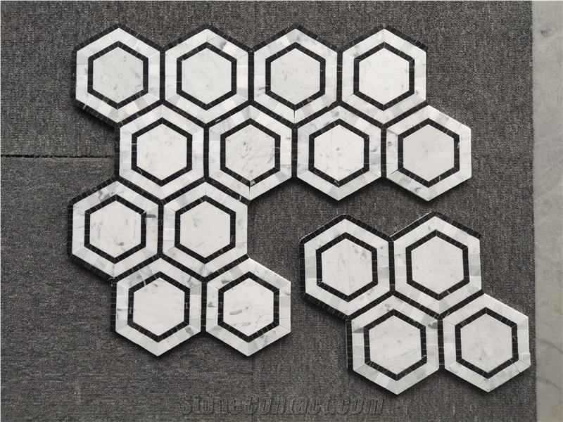 Hexagon  Backsplash Marble Mosaic Tiles With Nero Strips