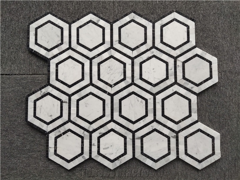 Hexagon  Backsplash Marble Mosaic Tiles With Nero Strips