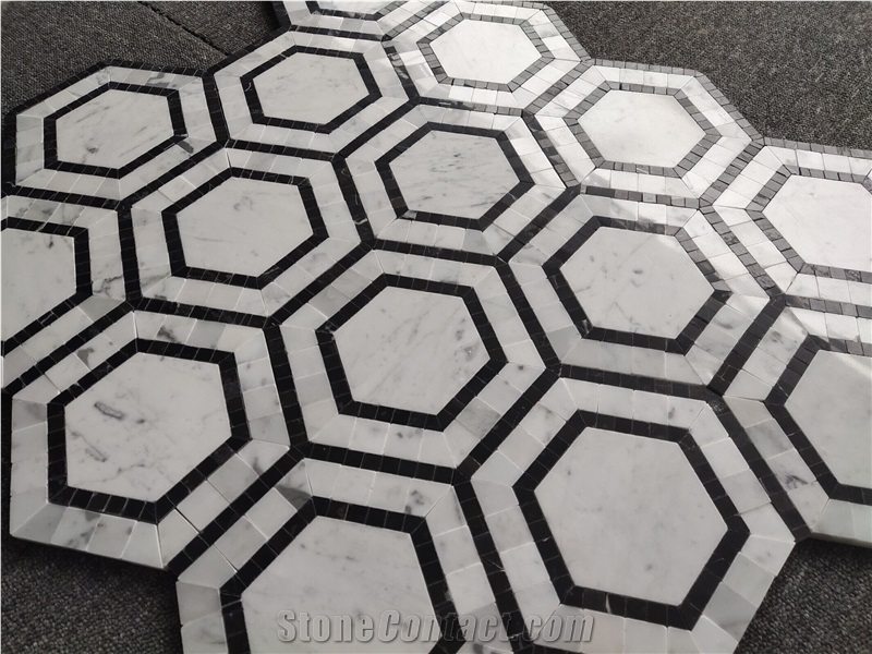 Hexagon  Backsplash Marble Mosaic Tiles With Nero Strips