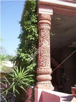 Agra Red Sandstone Carved Pillar Column