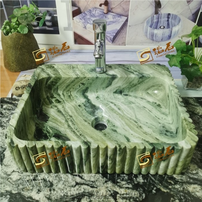 Shangri-La Green Marble Stone Sink With Carving