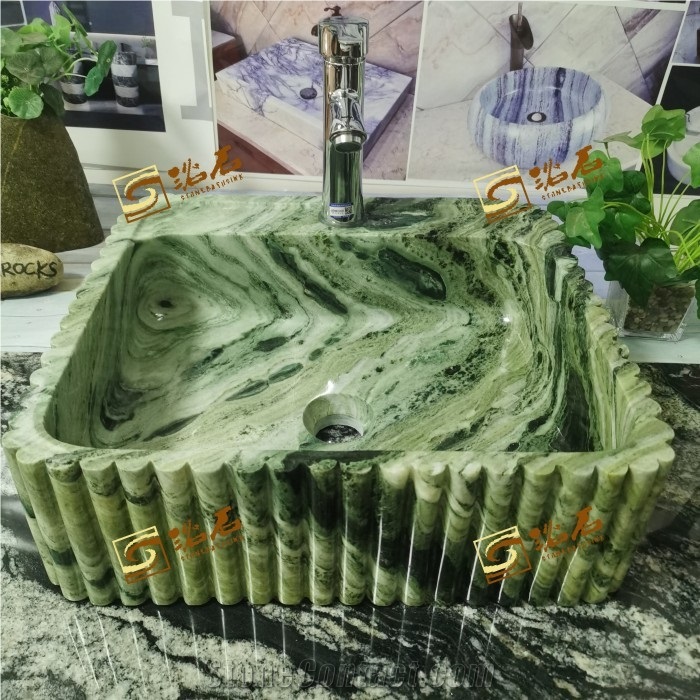 Shangri-La Green Marble Stone Sink With Carving