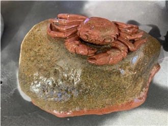 Carved Red Crab On Red River Stone Sculptured For Garden