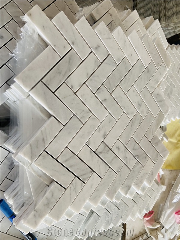 Carrara White Marble  Brass Herringbone Mosaic Tiles