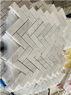 Carrara White Marble Brass Herringbone Mosaic Tiles