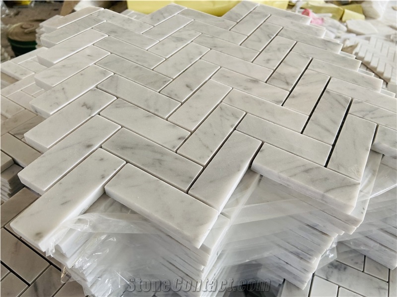 Carrara White Marble  Brass Herringbone Mosaic Tiles
